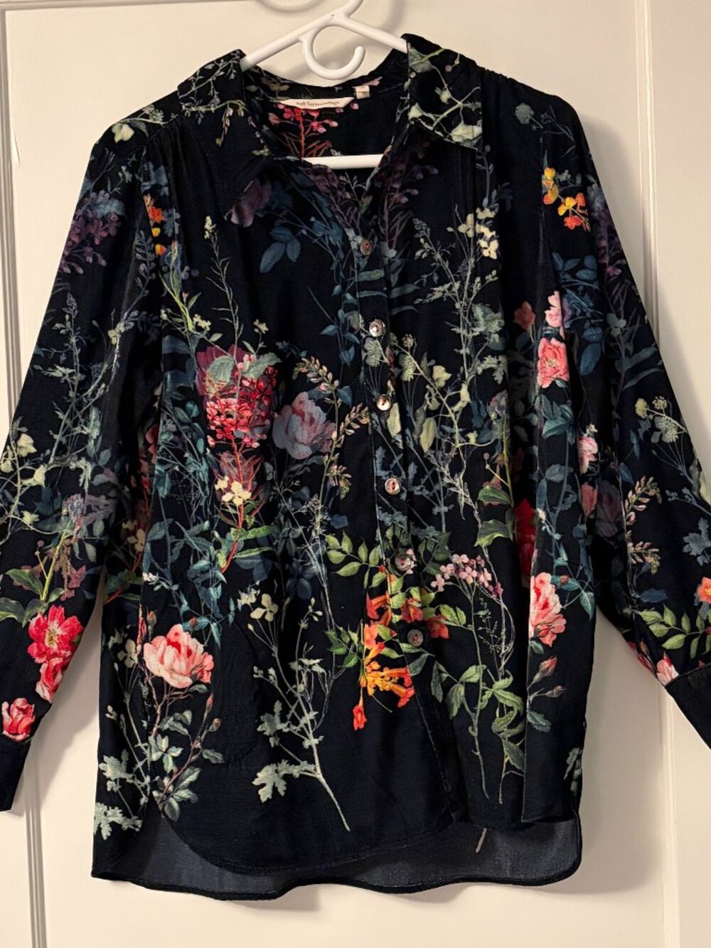 Soft Surroundings velvet dark floral button up blouse size large petite boho